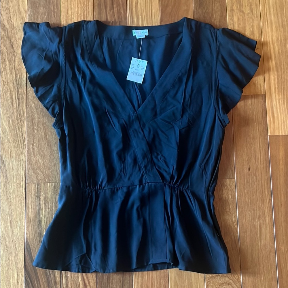 J. Crew Black Flutter Sleeve Wrap Peplum Top